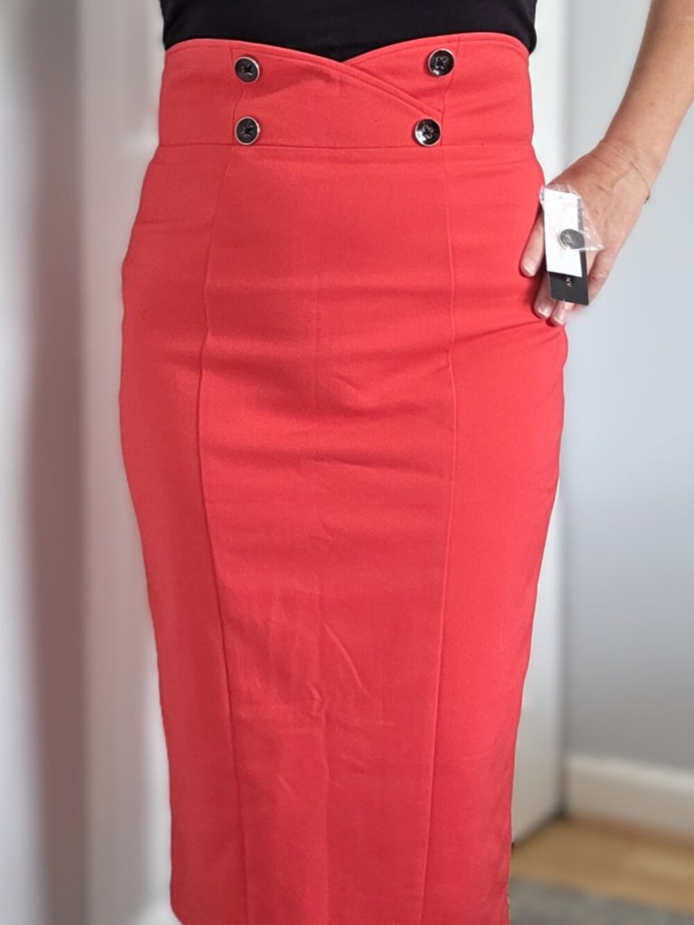 NY&Co High Waist Cross Front Midi Pencil Skirt with Accent Buttons - Picture 2 of 7
